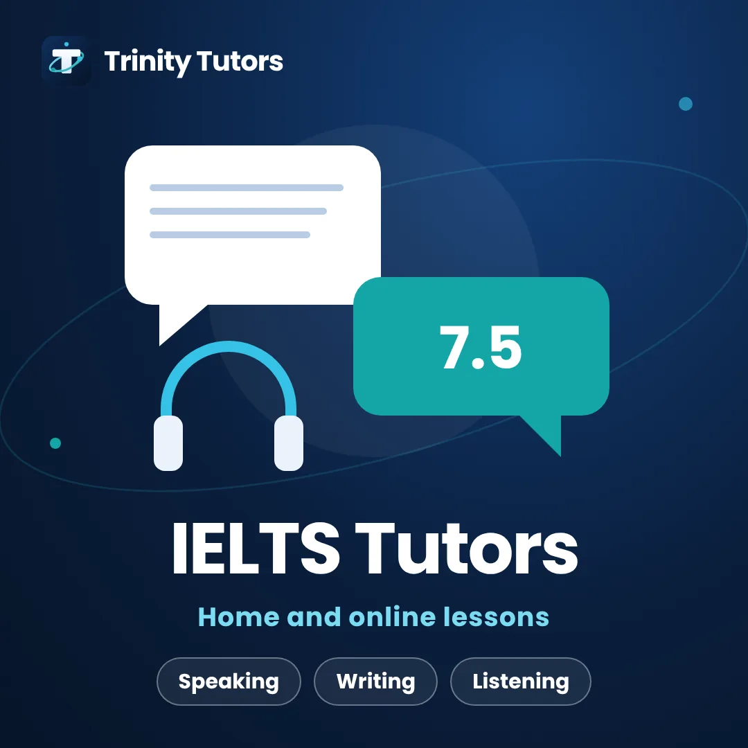 IELTS tutors: speech bubbles with a band score and a pair of headphones