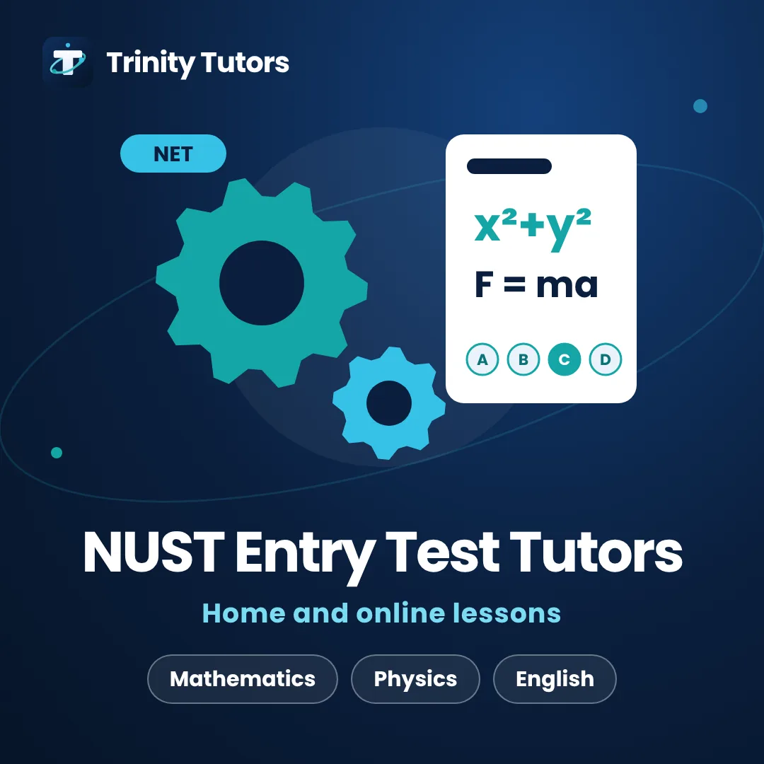 NUST entry test tutors: gears beside a test sheet with equations and answer bubbles
