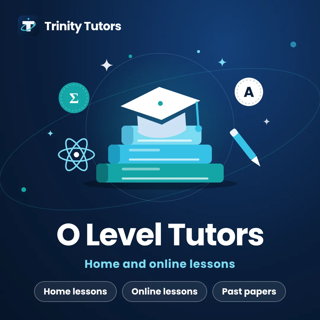 O Levels tutors: graduation cap on a stack of books with a pencil and subject badges