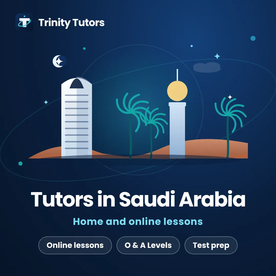 Online tutors for students in Saudi Arabia: Kingdom Centre and a golden-globe tower among desert palms