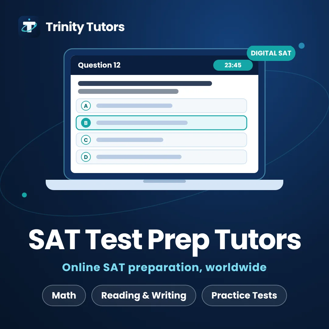 SAT preparation tutoring: laptop showing a digital SAT question with a timer
