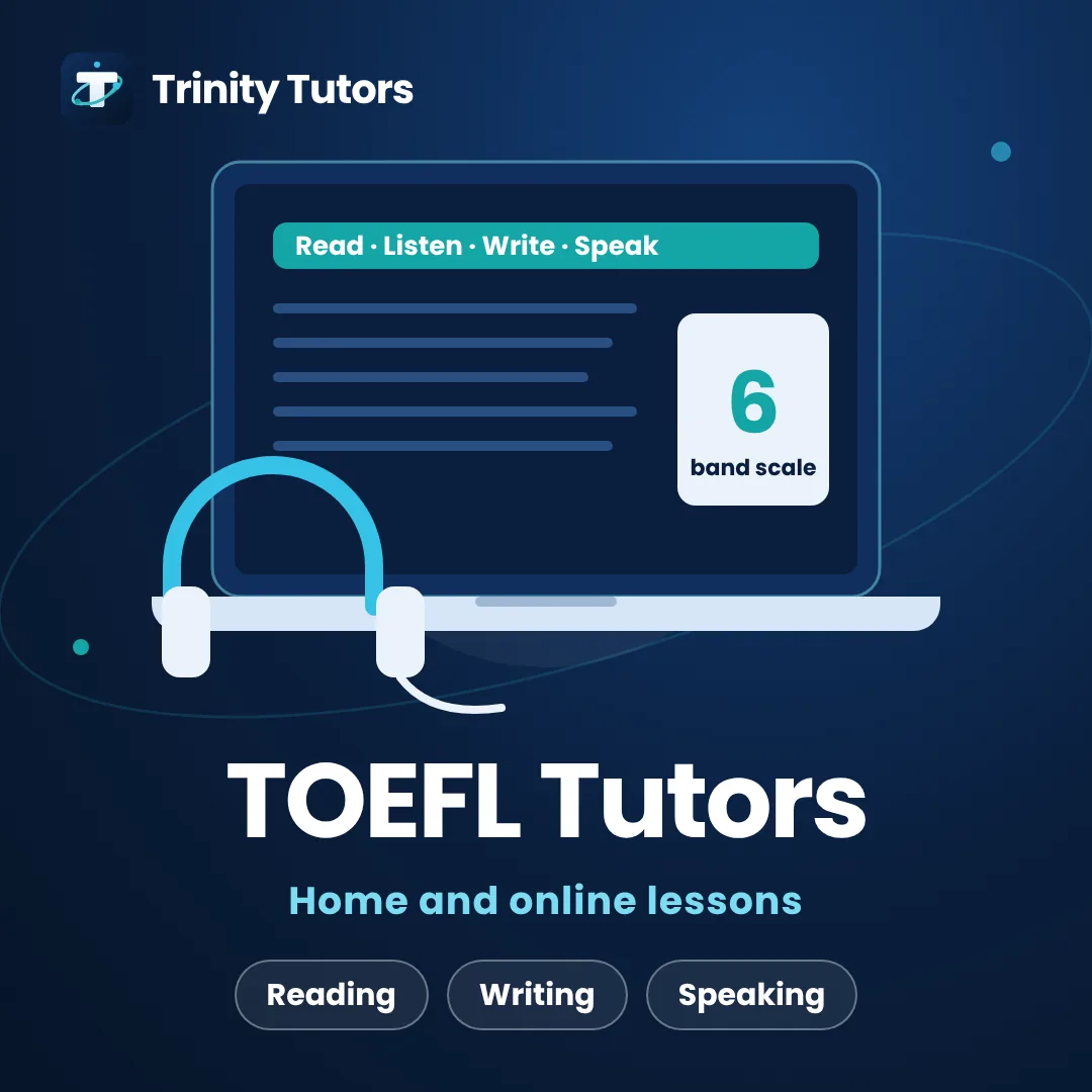 TOEFL tutors: laptop showing the four skills with a headset and a score card