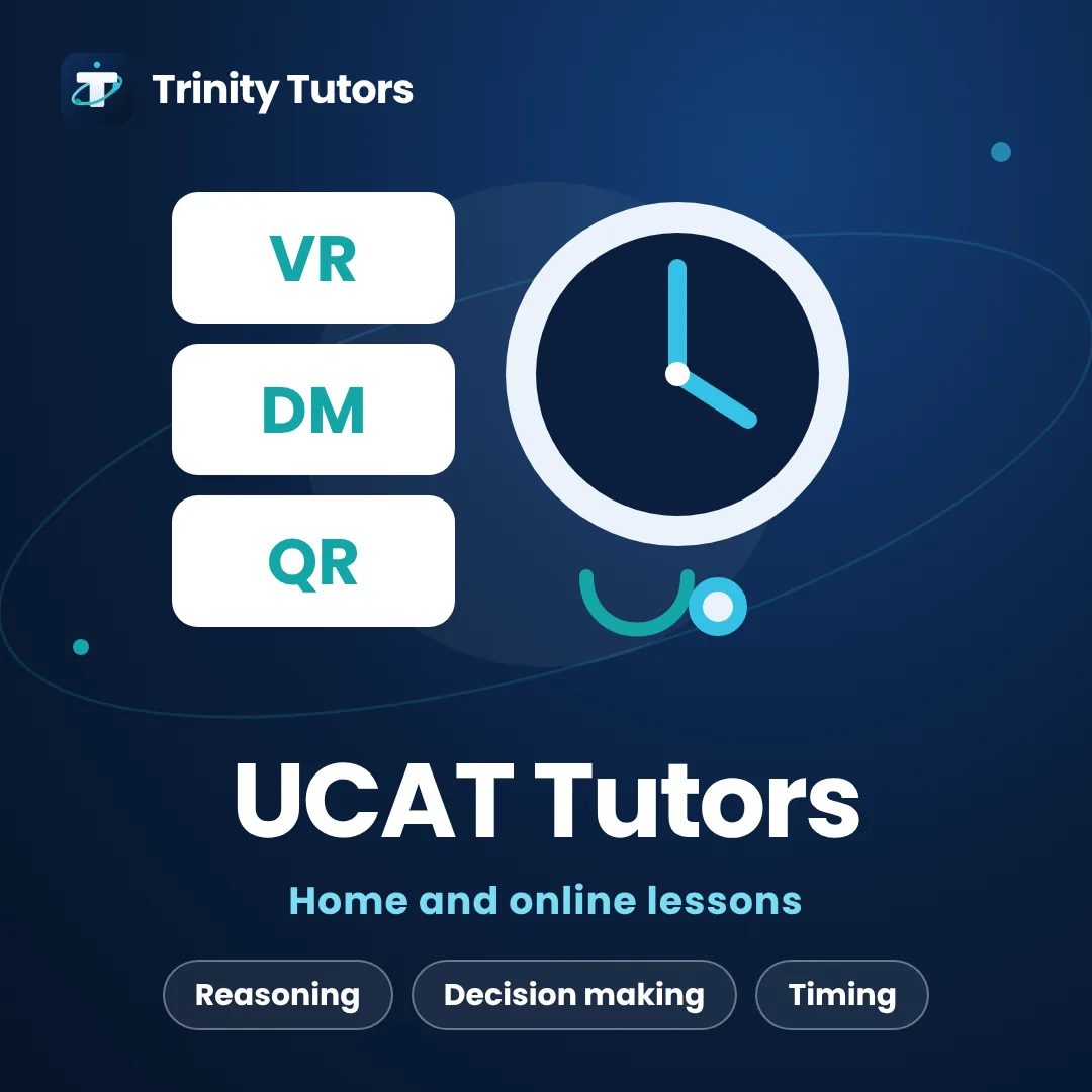 UCAT tutors: three subtest tiles and a clock face with a stethoscope